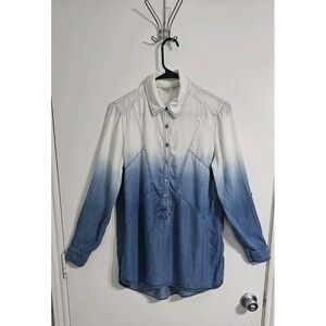 John‎ Mark Chambray Two Tone Tunic Top Small Blue White Roll Tab Sleeves Coastal